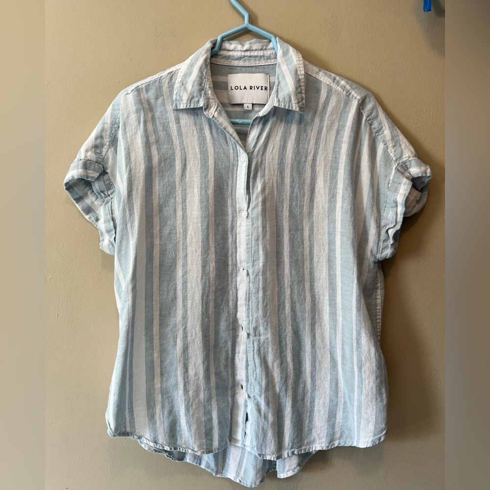 Lola River size L blue and white striped coastal linen blend cap sleeve blouse.